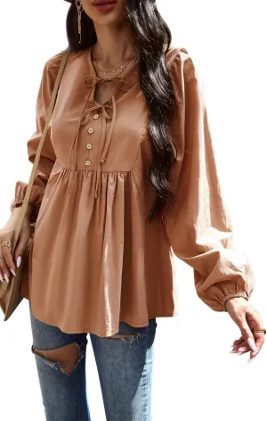 Women's Casual Tops Peplum Blouse Tie V Neck Long Sleeve Babydoll Loose Shirts Blouses Tops