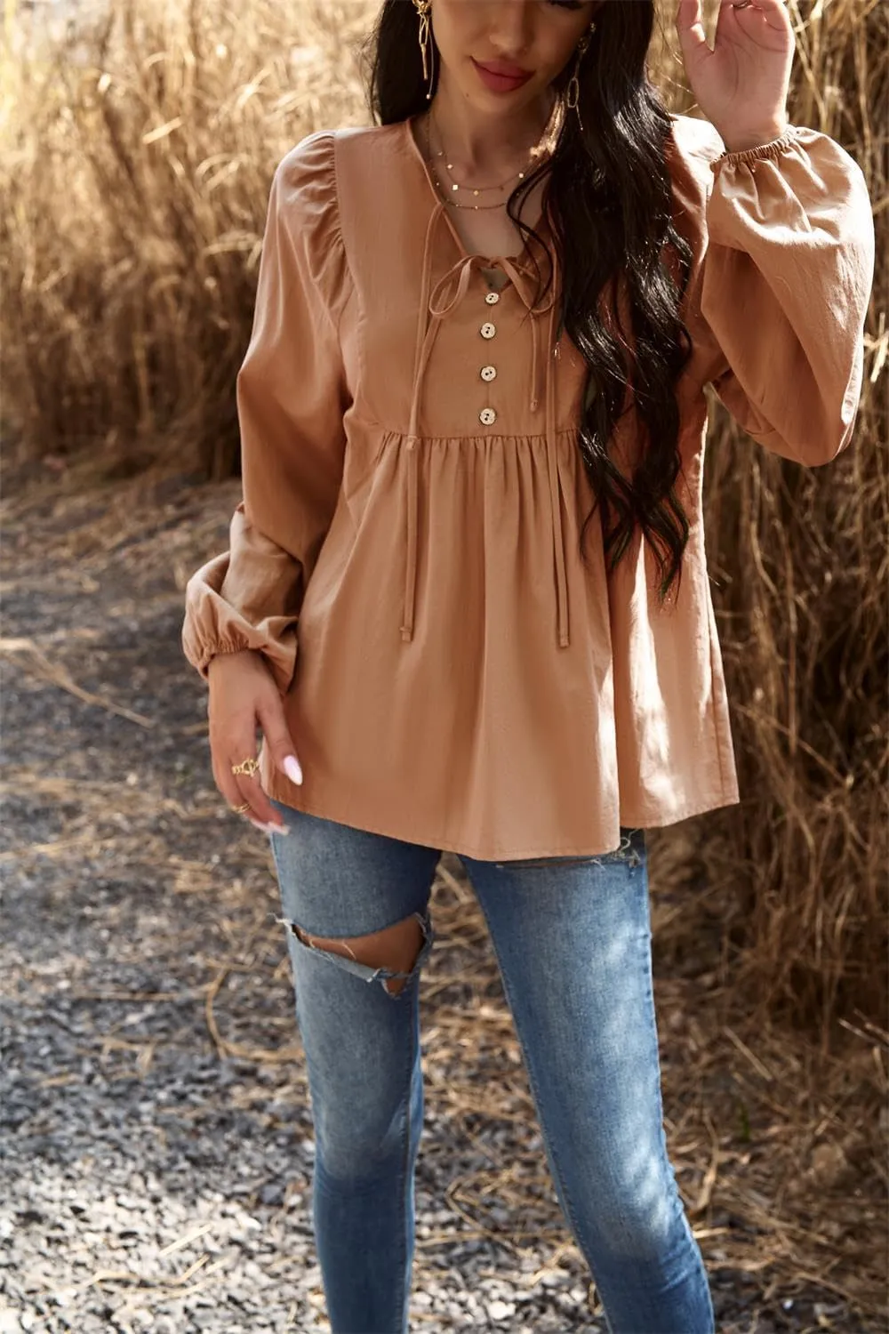 Women's Casual Tops Peplum Blouse Tie V Neck Long Sleeve Babydoll Loose Shirts Blouses Tops