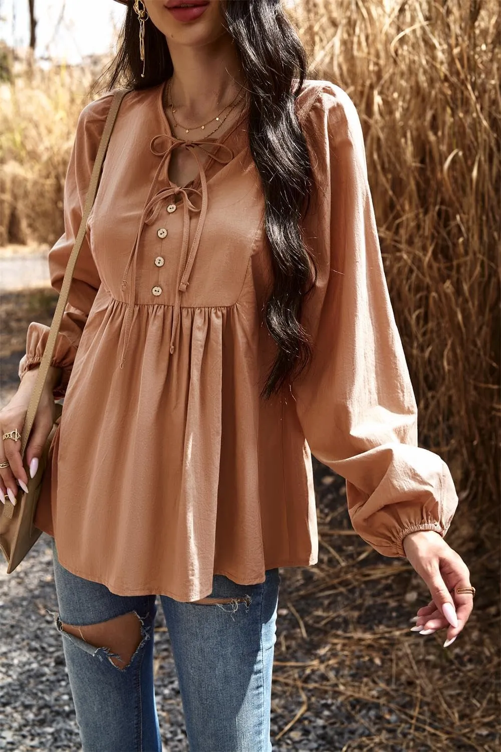 Women's Casual Tops Peplum Blouse Tie V Neck Long Sleeve Babydoll Loose Shirts Blouses Tops