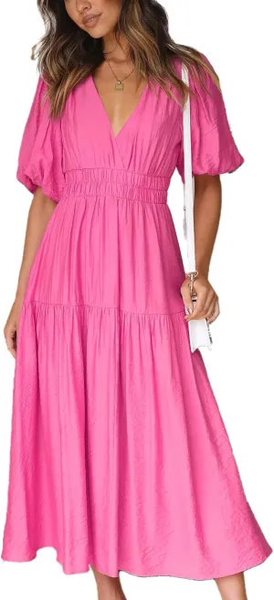 Womens Deep V Neck Puff Short Sleeve Tired Maxi Dress Boho Long Flowy Summer Dresses