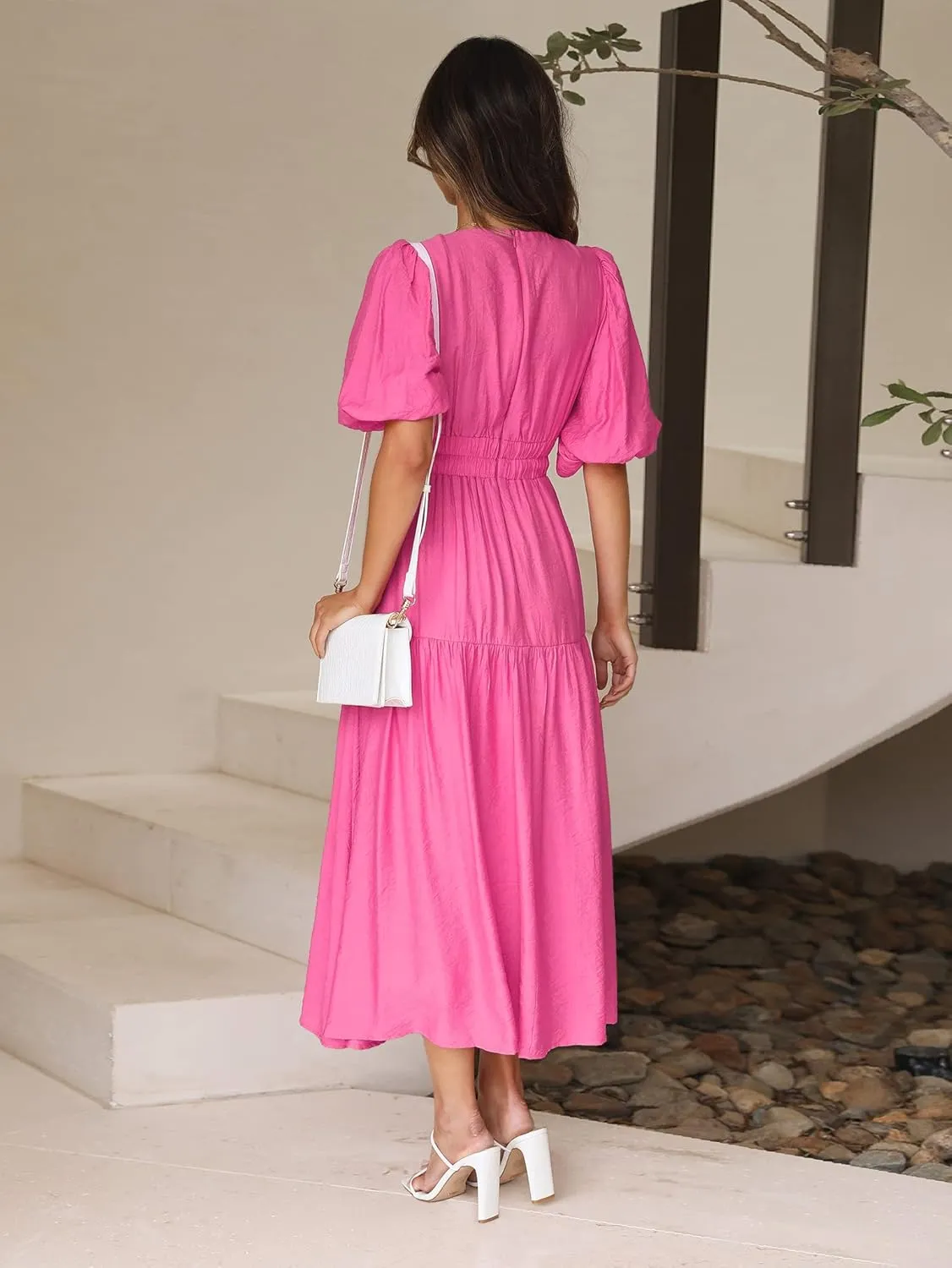 Womens Deep V Neck Puff Short Sleeve Tired Maxi Dress Boho Long Flowy Summer Dresses