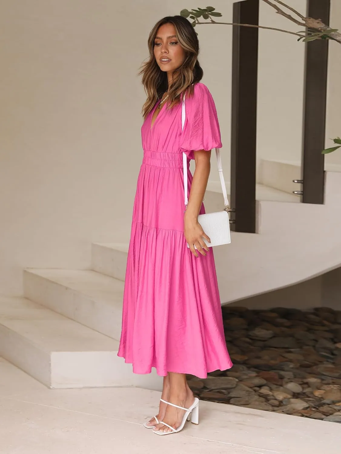 Womens Deep V Neck Puff Short Sleeve Tired Maxi Dress Boho Long Flowy Summer Dresses