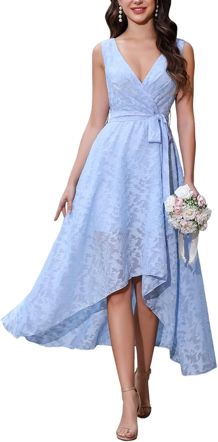 Women's Elegant Wedding Guest Dresses Jacquard Sleeveless A Line High Low Midi Length Formal Summer Dress with Belt