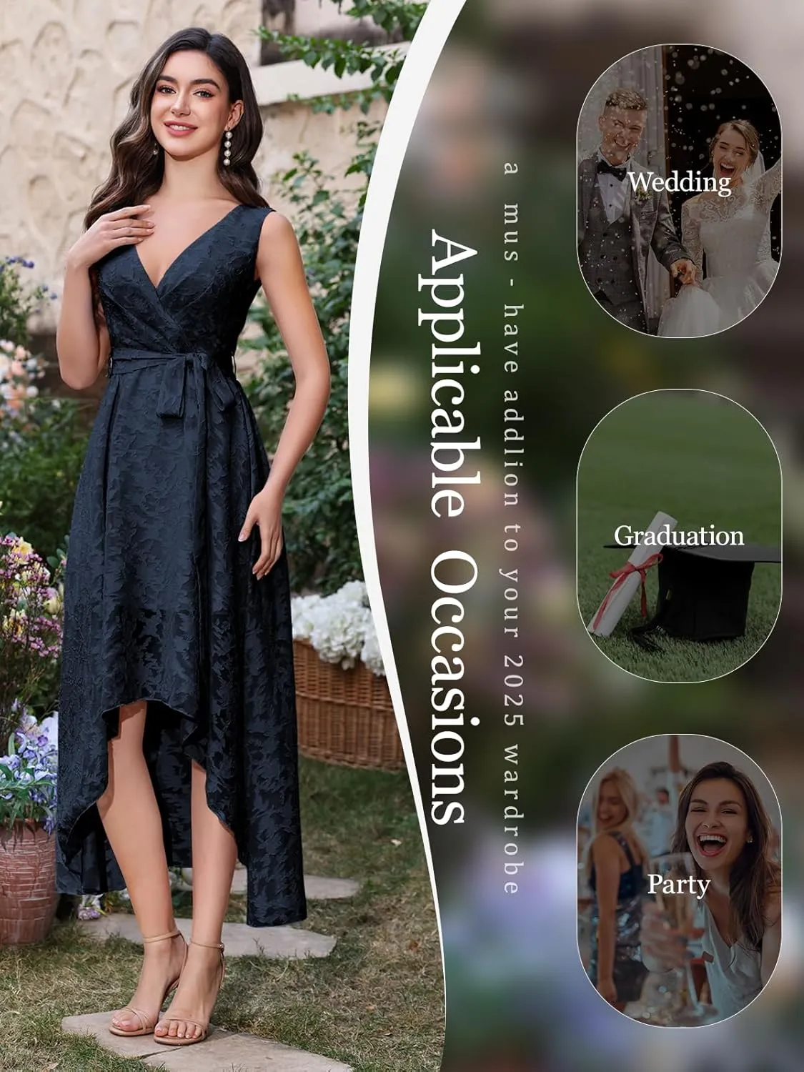 Women's Elegant Wedding Guest Dresses Jacquard Sleeveless A Line High Low Midi Length Formal Summer Dress with Belt