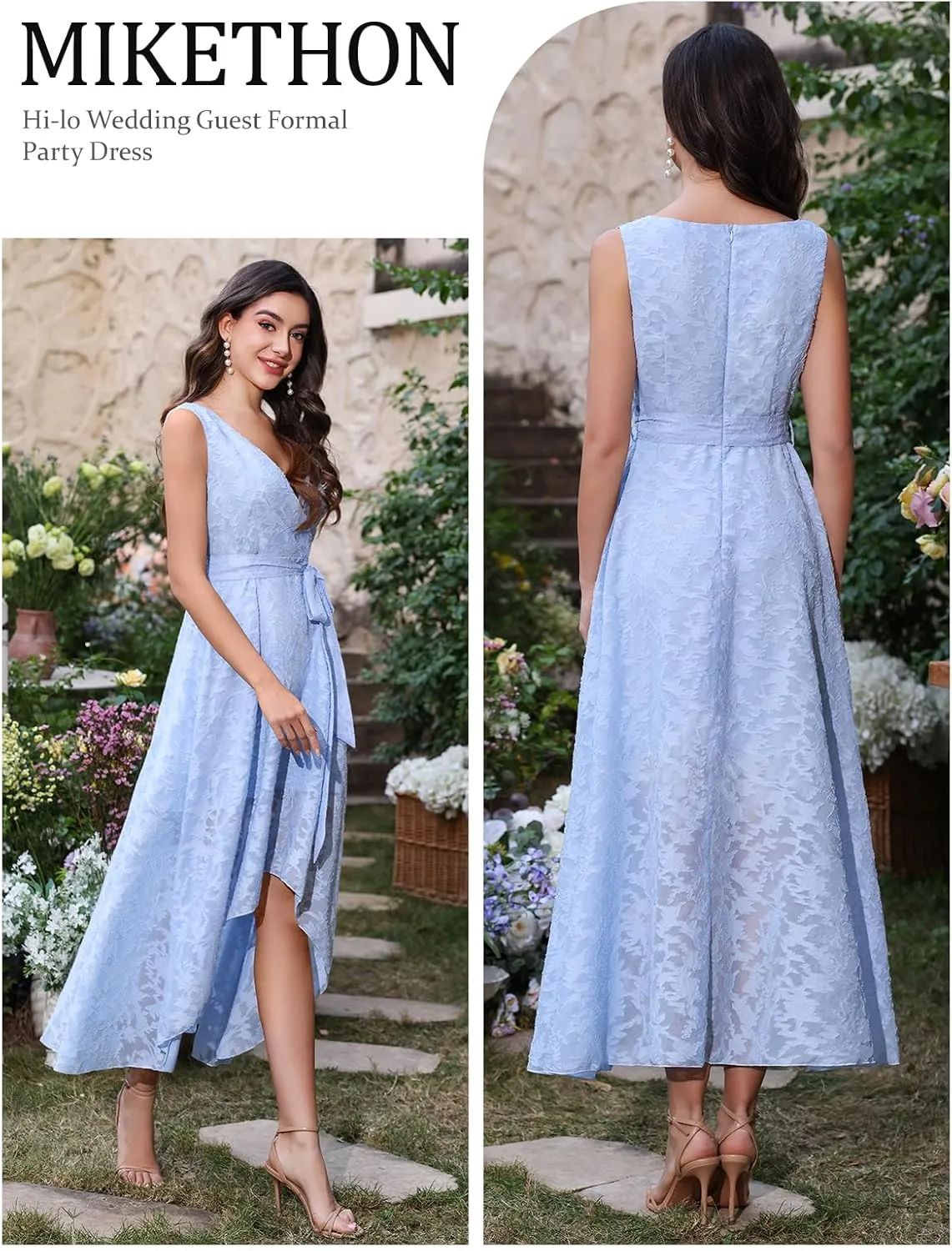 Women's Elegant Wedding Guest Dresses Jacquard Sleeveless A Line High Low Midi Length Formal Summer Dress with Belt