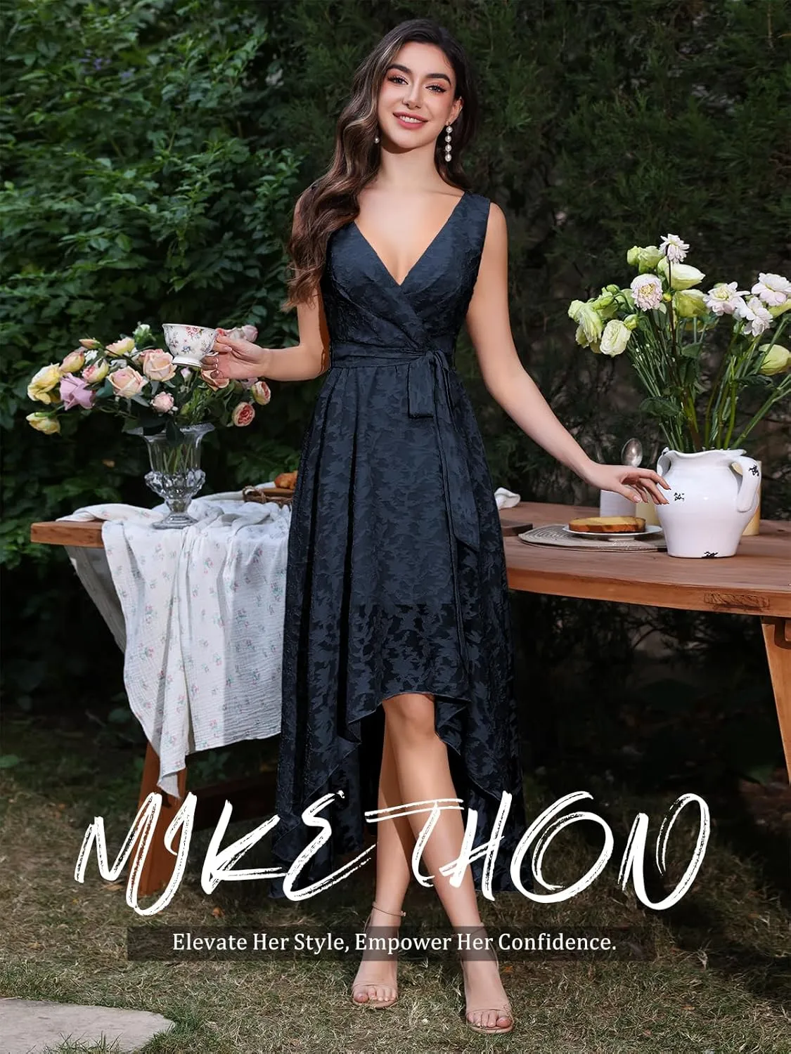 Women's Elegant Wedding Guest Dresses Jacquard Sleeveless A Line High Low Midi Length Formal Summer Dress with Belt