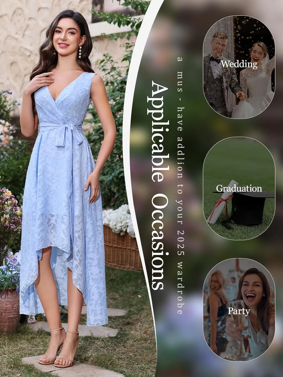 Women's Elegant Wedding Guest Dresses Jacquard Sleeveless A Line High Low Midi Length Formal Summer Dress with Belt