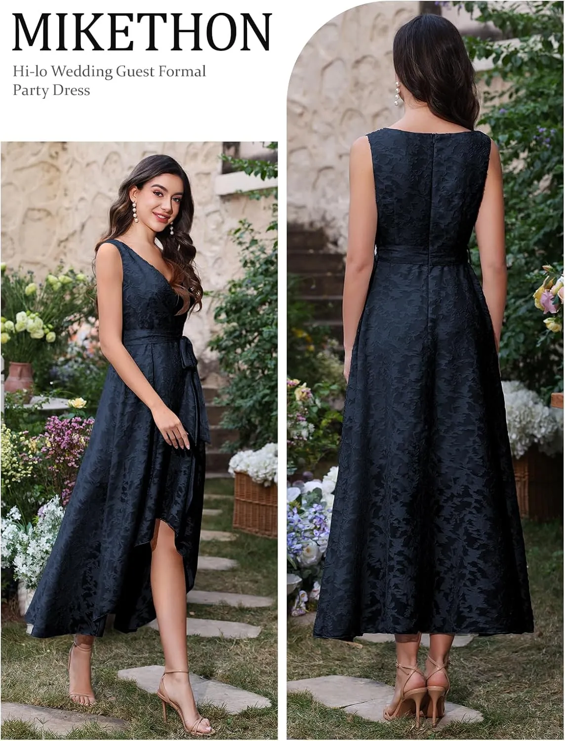 Women's Elegant Wedding Guest Dresses Jacquard Sleeveless A Line High Low Midi Length Formal Summer Dress with Belt