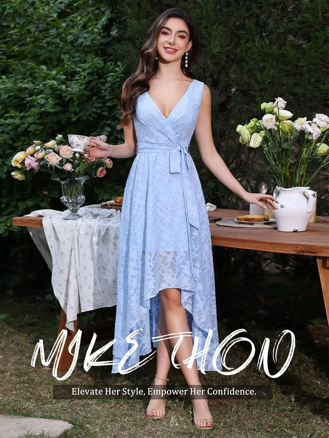 Women's Elegant Wedding Guest Dresses Jacquard Sleeveless A Line High Low Midi Length Formal Summer Dress with Belt