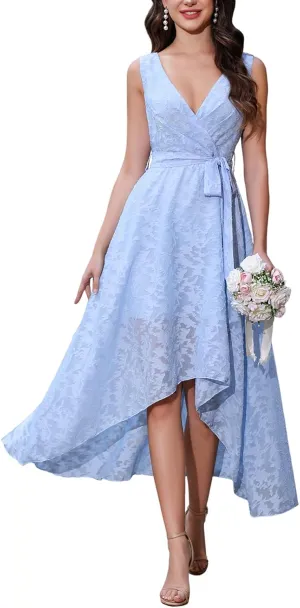 Women's Elegant Wedding Guest Dresses Jacquard Sleeveless A Line High Low Midi Length Formal Summer Dress with Belt