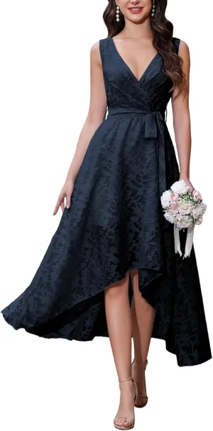Women's Elegant Wedding Guest Dresses Jacquard Sleeveless A Line High Low Midi Length Formal Summer Dress with Belt