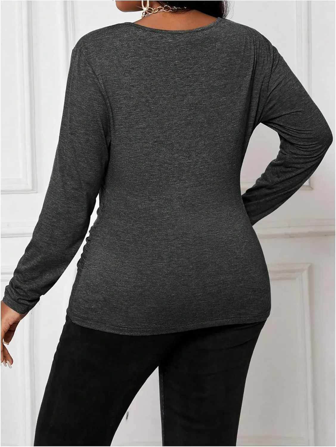 Women's Plus Size V Neck Wrap T Shirts Long Sleeve Slim Fit Ruched Tee Tops Office Work Clothes