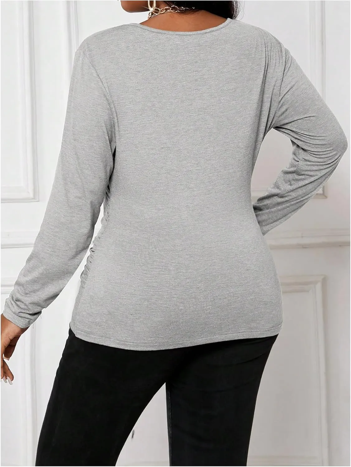Women's Plus Size V Neck Wrap T Shirts Long Sleeve Slim Fit Ruched Tee Tops Office Work Clothes