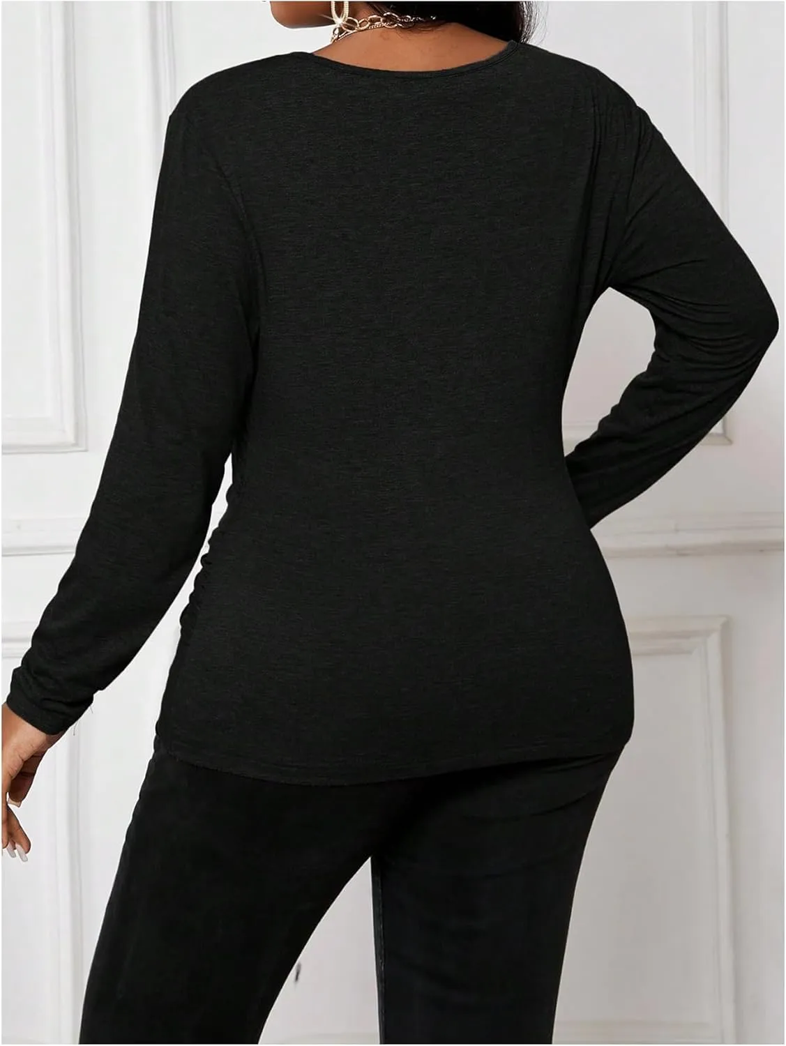 Women's Plus Size V Neck Wrap T Shirts Long Sleeve Slim Fit Ruched Tee Tops Office Work Clothes