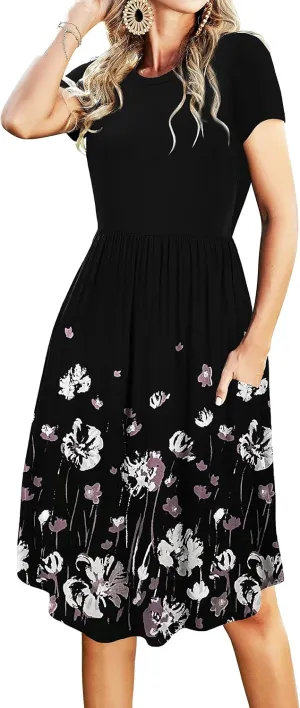 Womens Summer Pocket Knee Length Teacher Casual Dress Spring Modest Knit Fit Flare Short Sleeve Midi Work Travel Outfits