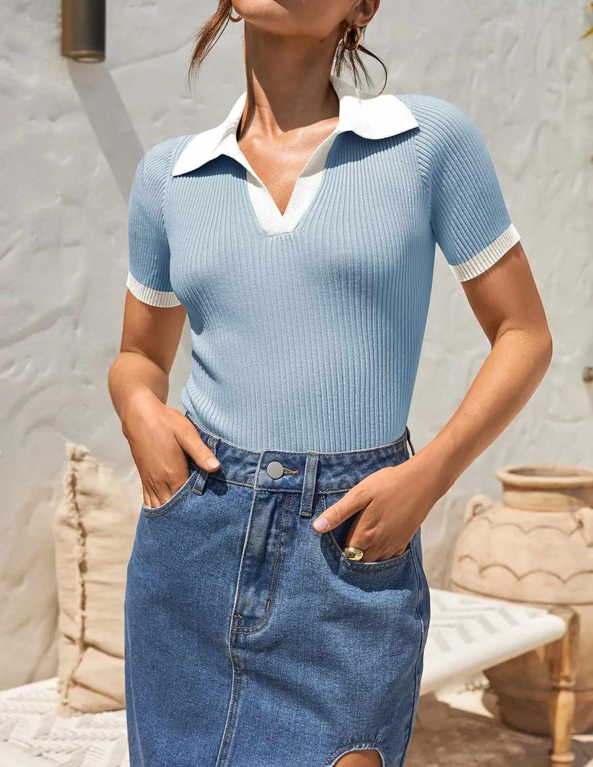 ZESICA Women's Short Sleeve V Neck T Shirts 2025 Summer Ribbed Knit Slim Fitted Basic Solid Color Tee Tops